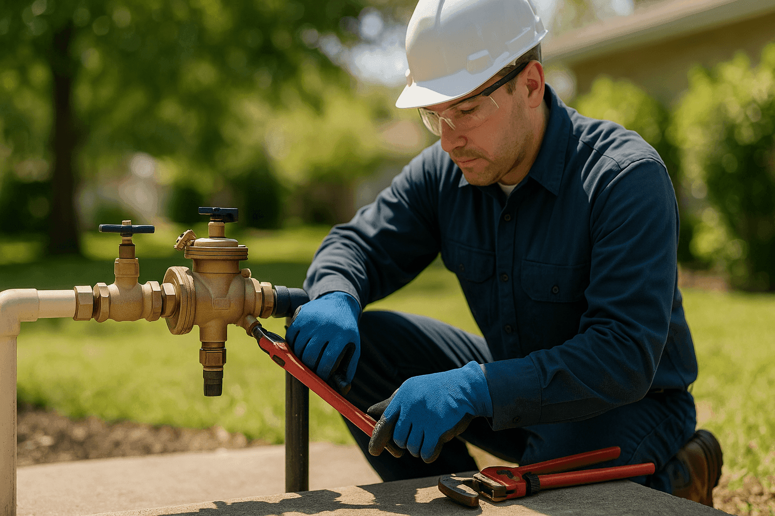 Plumber installing backflow prevention device on home water line