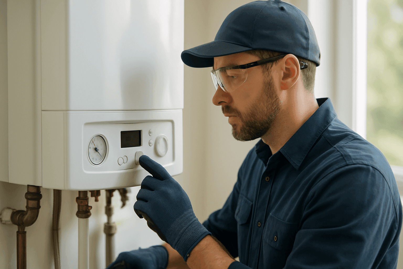 Plumber inspecting boiler controls during annual maintenance