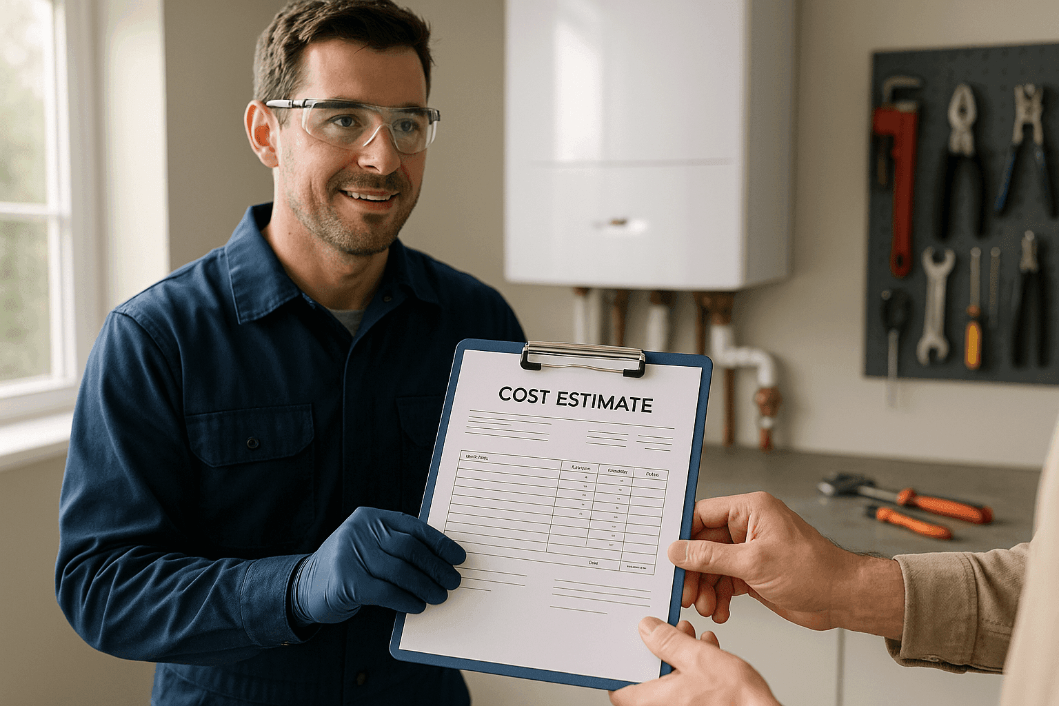 Plumber presenting boiler repair cost estimate in home utility room