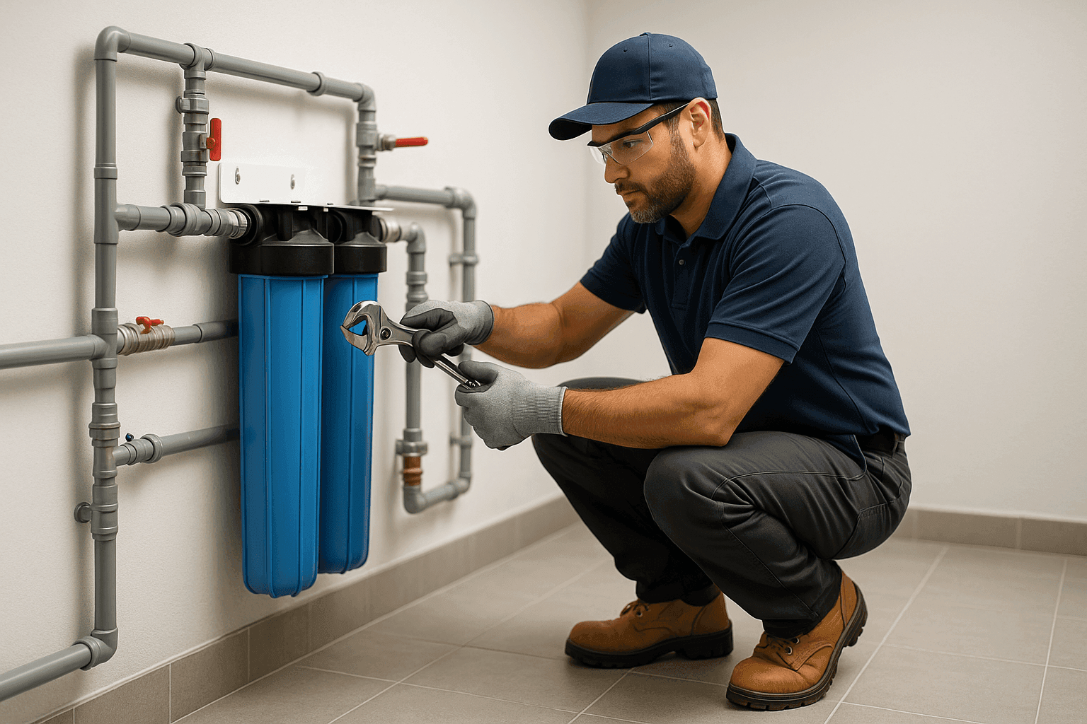 Technician installing a whole-house water filtration system