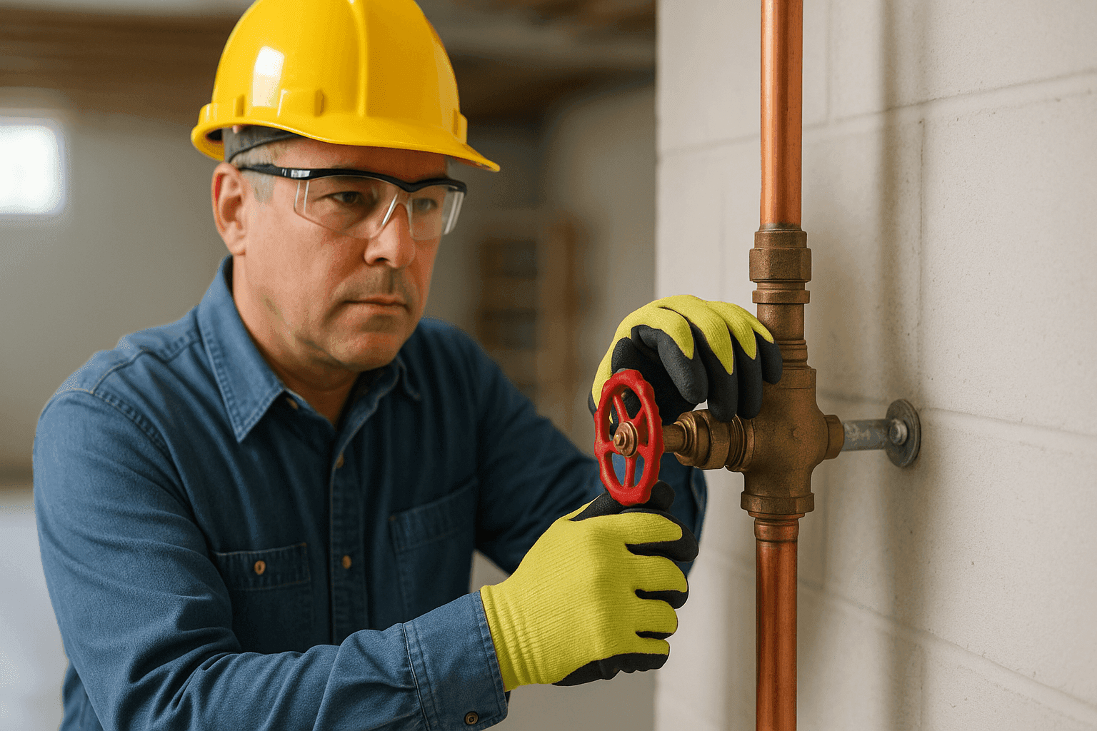 Homeowner turning off main water valve during plumbing emergency