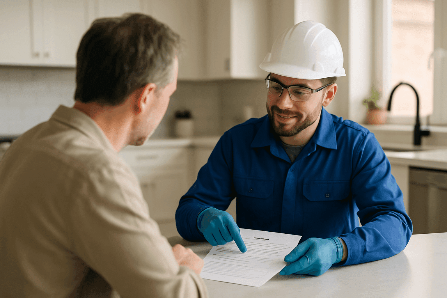 Plumber reviewing fixture installation estimate with homeowner