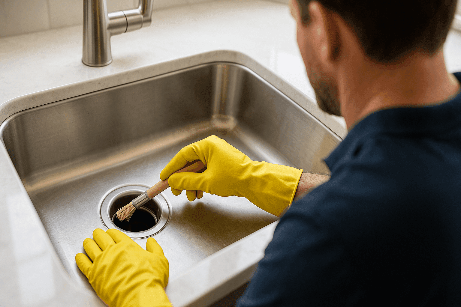 Homeowner cleaning garbage disposal flange with brush