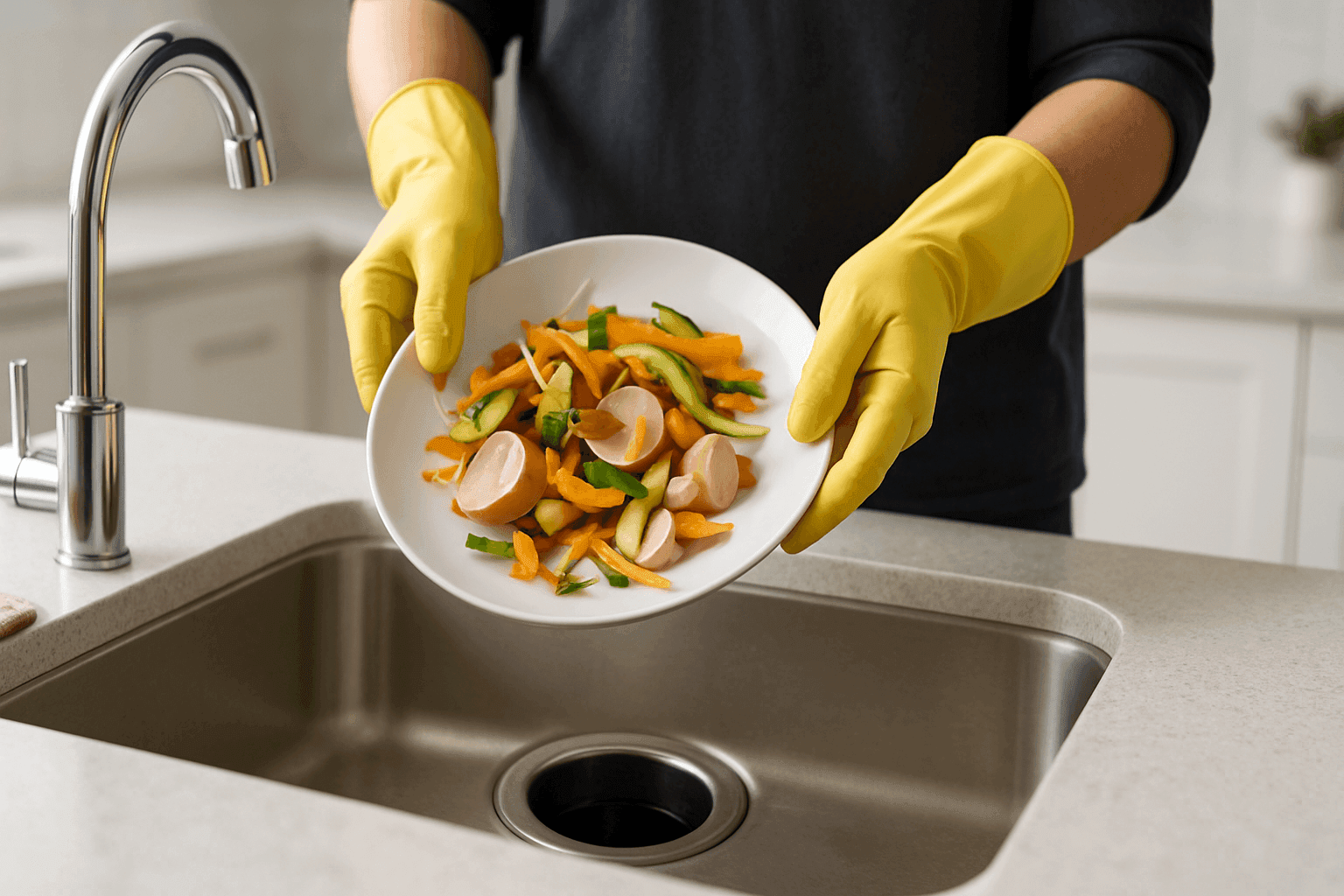 Homeowner holding food scraps over kitchen sink with garbage disposal