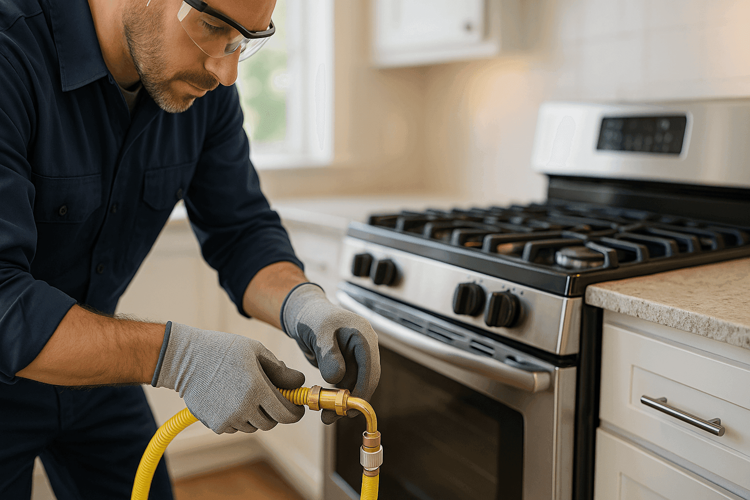 Technician connecting gas line to residential stove