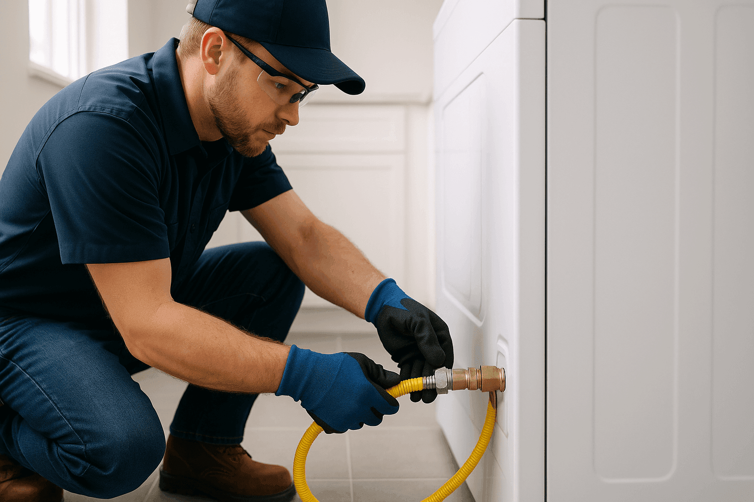 Technician connecting gas line to home appliance