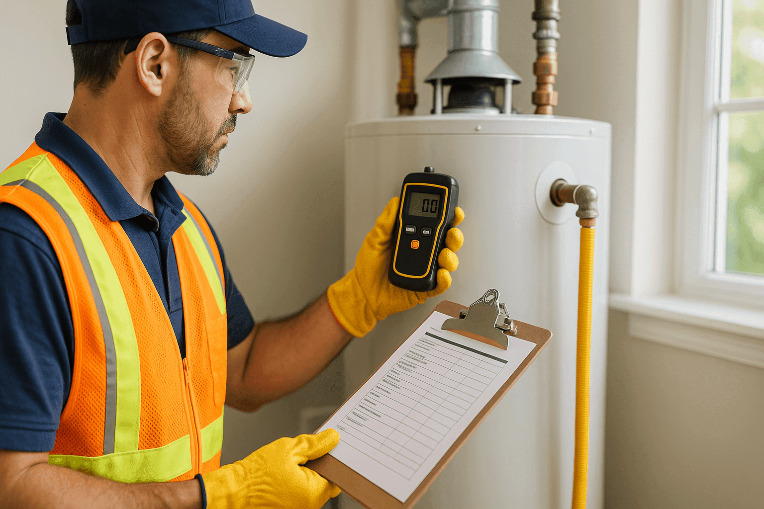 Plumber performing gas safety inspection with digital meter