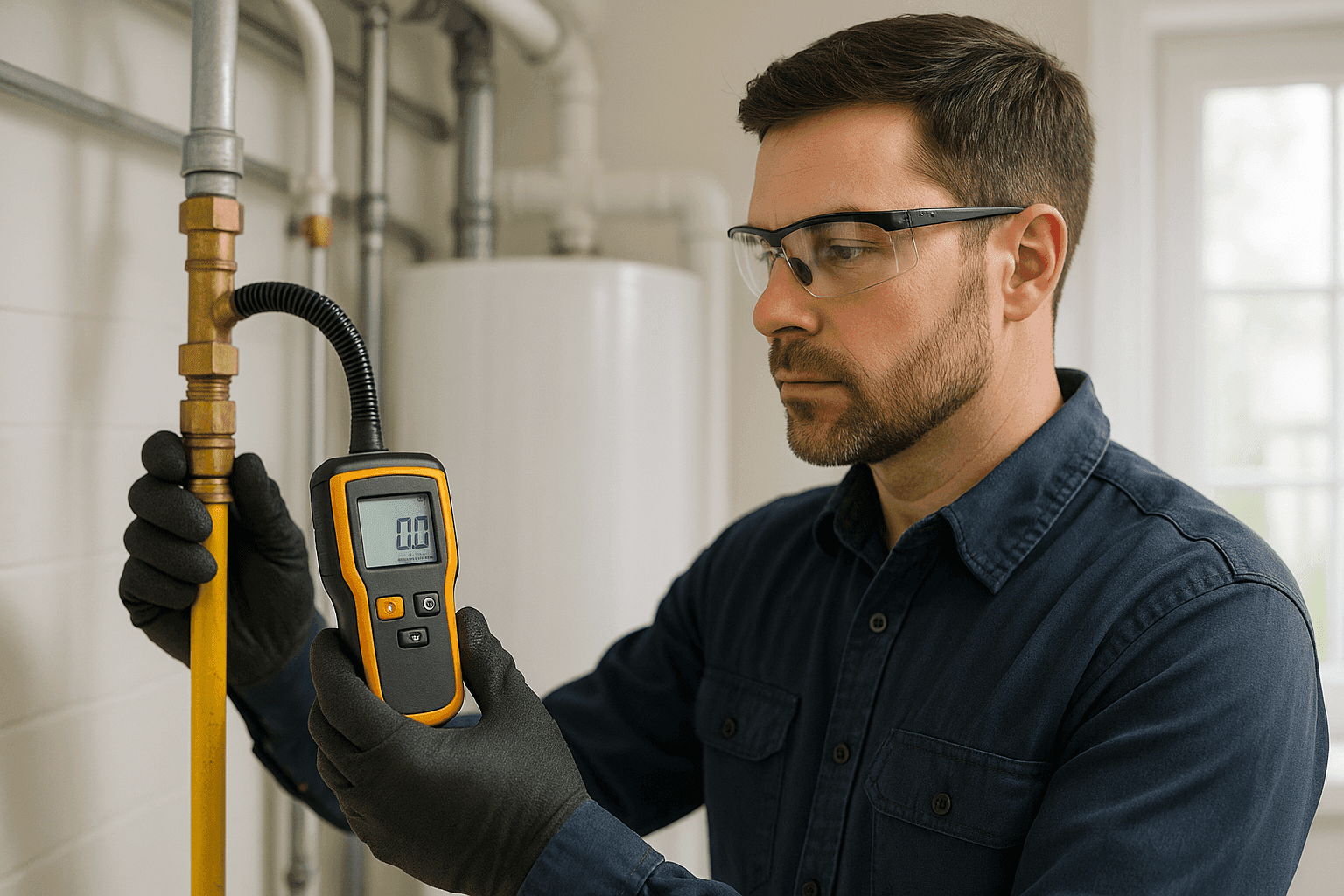 Technician performing gas leak safety check on home appliance