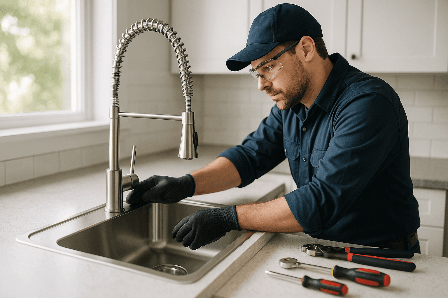 Plumber installing modern kitchen sink and faucet