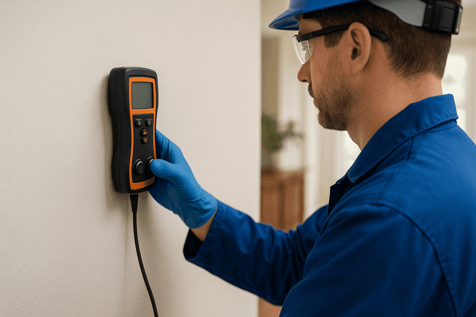 Plumber using leak detection equipment on home wall