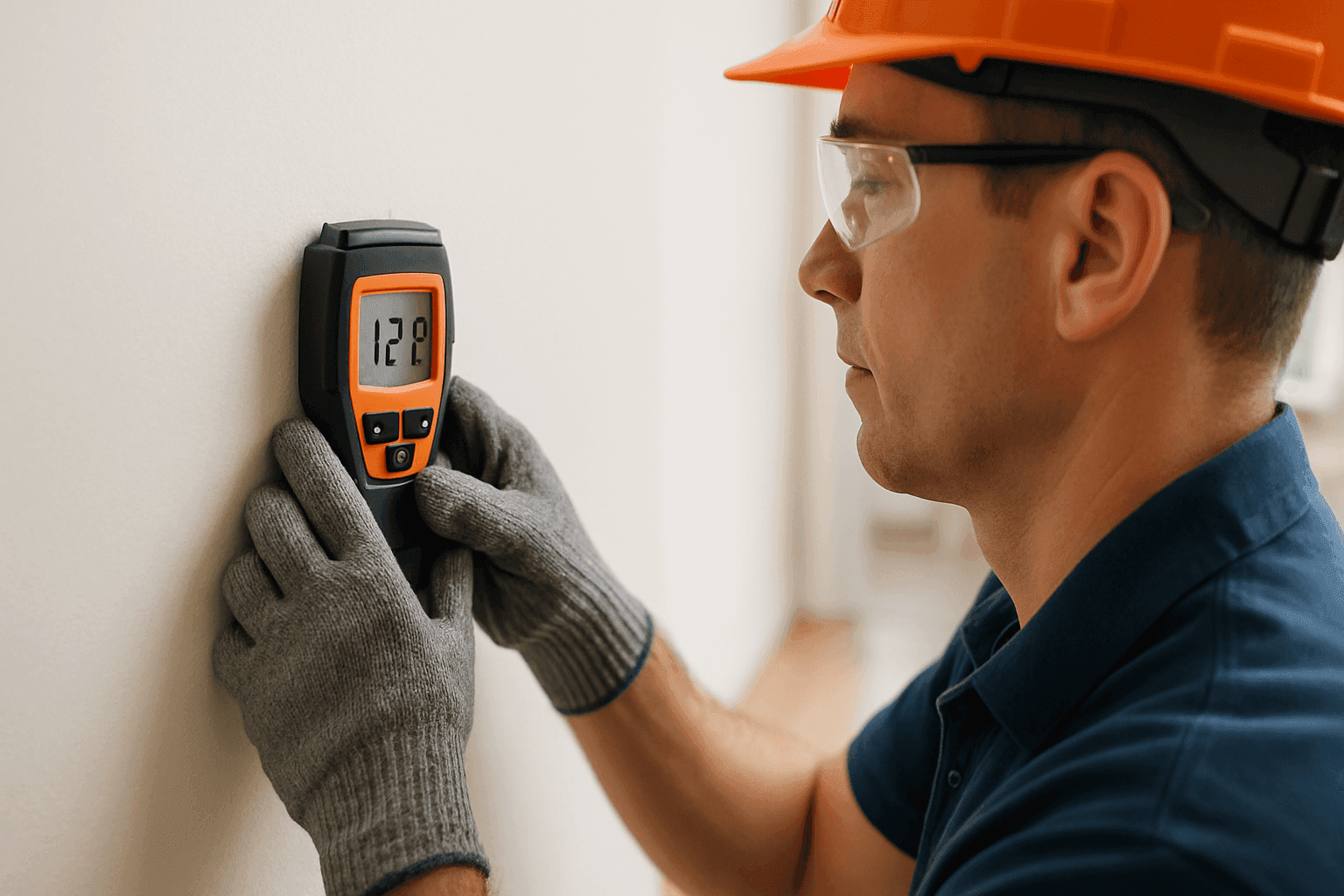 Homeowner using a moisture meter on a wall to detect leaks