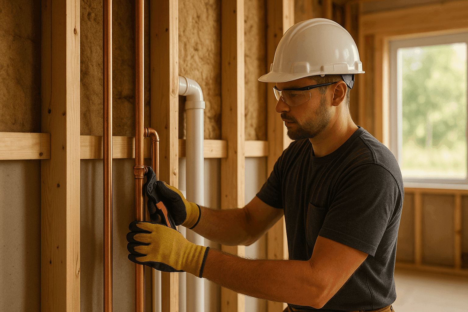 Plumber installing new pipes in a home under renovation