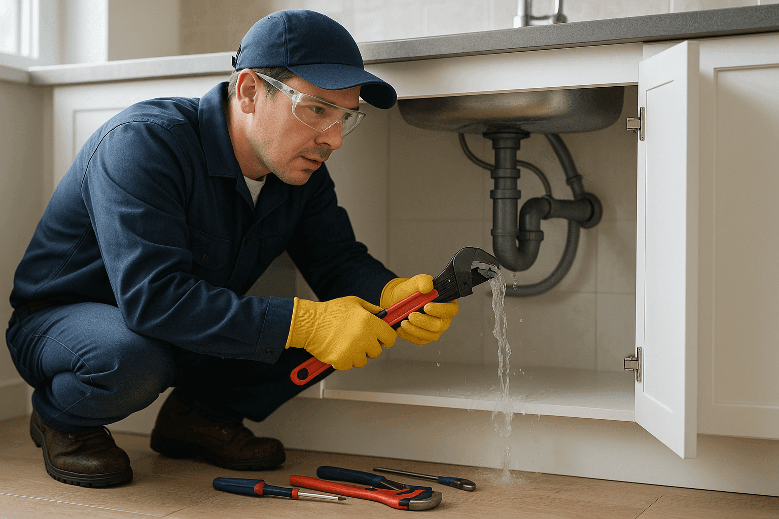 Plumber repairing burst pipe under kitchen sink, tools nearby