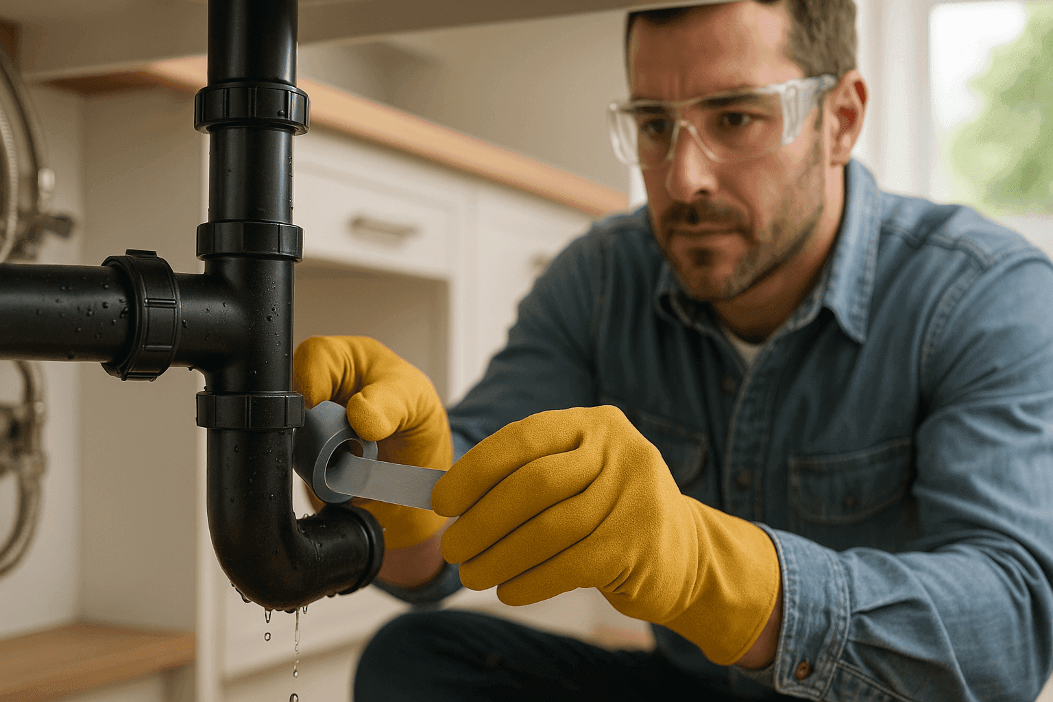 Plumber applying tape to a leaking pipe as a temporary fix