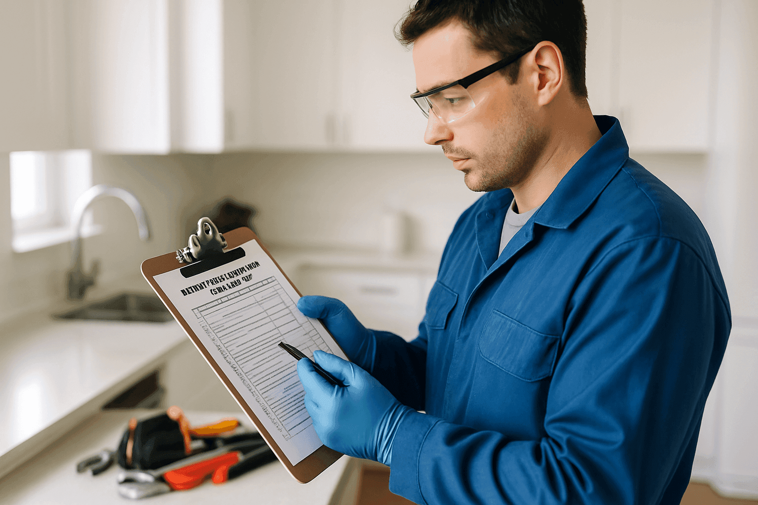 Plumber checking off items on a plumbing maintenance checklist in a home