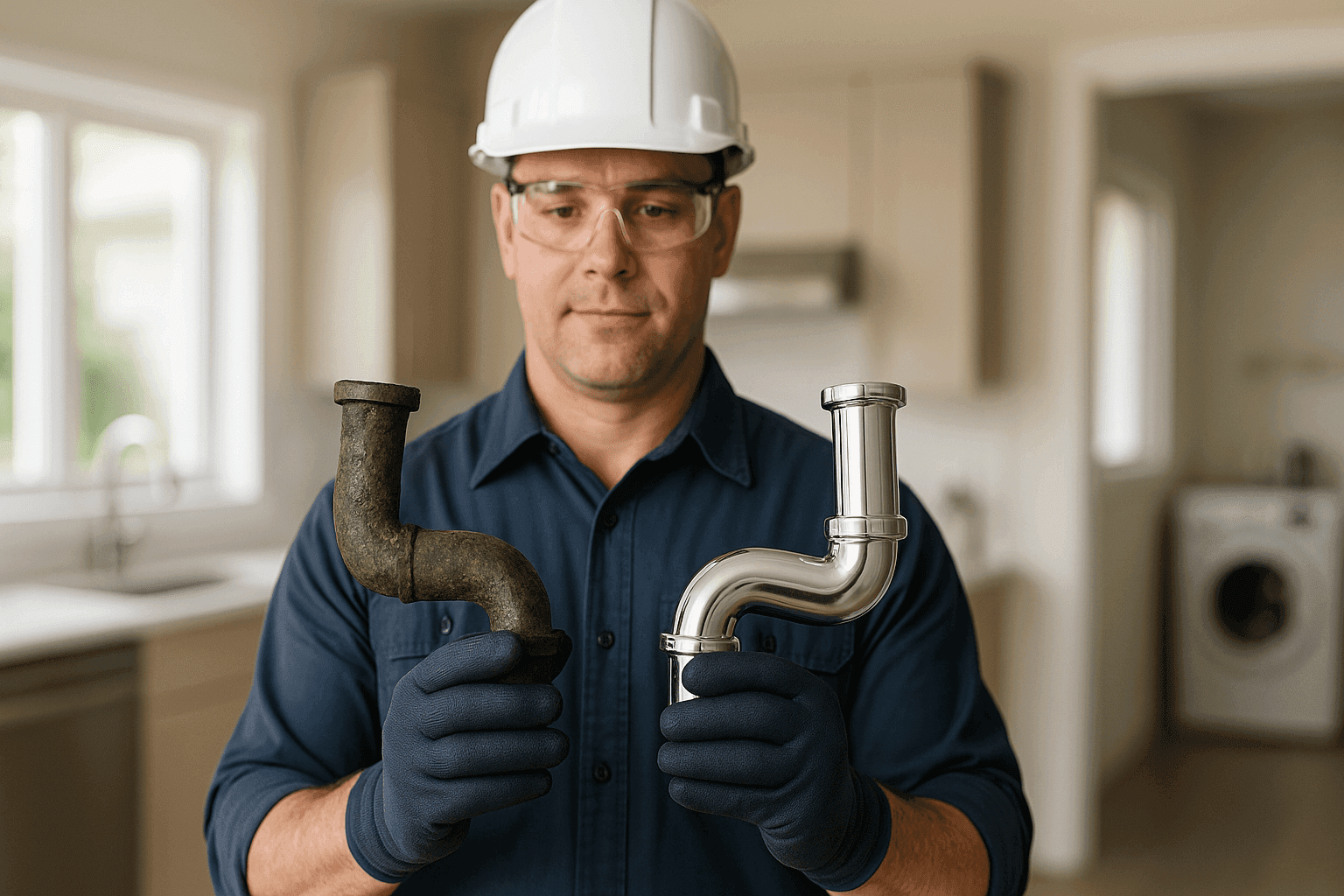 Plumber comparing old corroded pipe to new replacement pipe