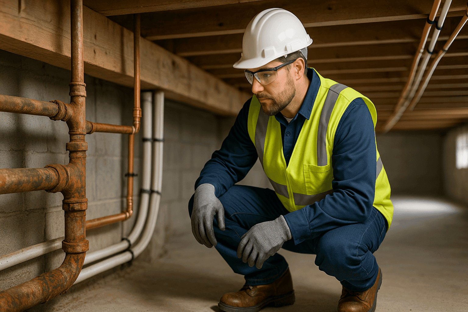 Plumber inspecting old corroded pipes in home crawlspace