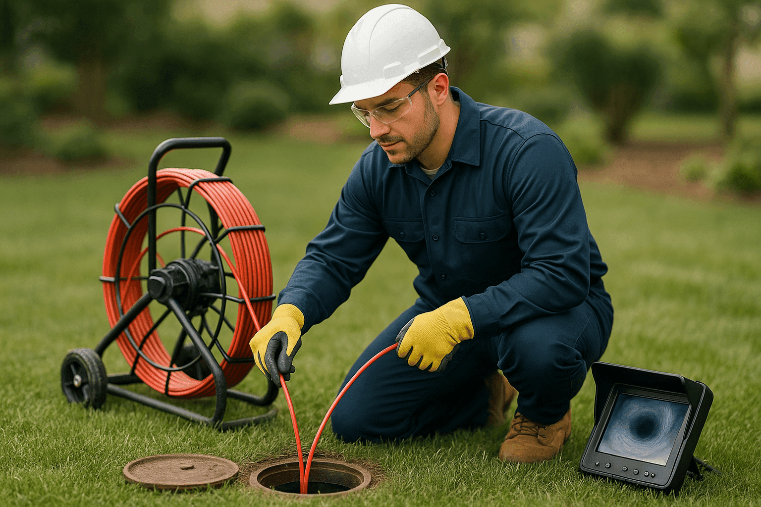 Plumber using camera to locate sewer line blockage