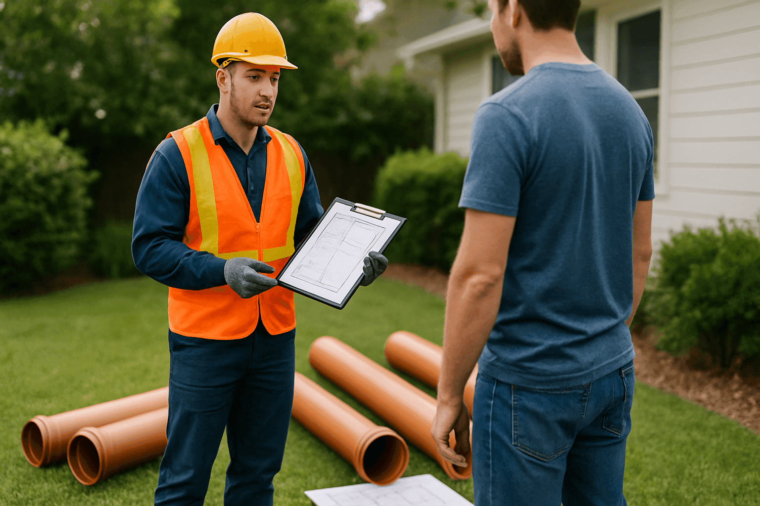 Plumber providing sewer line installation quote in home yard