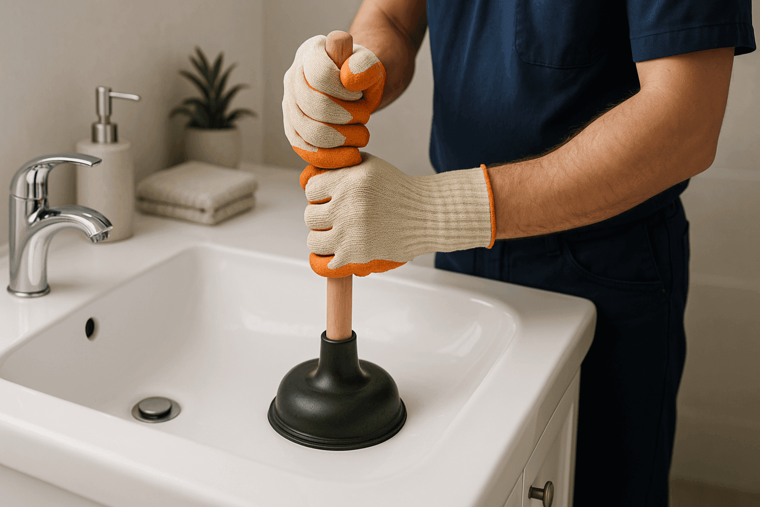 Homeowner using plunger on clogged bathroom sink