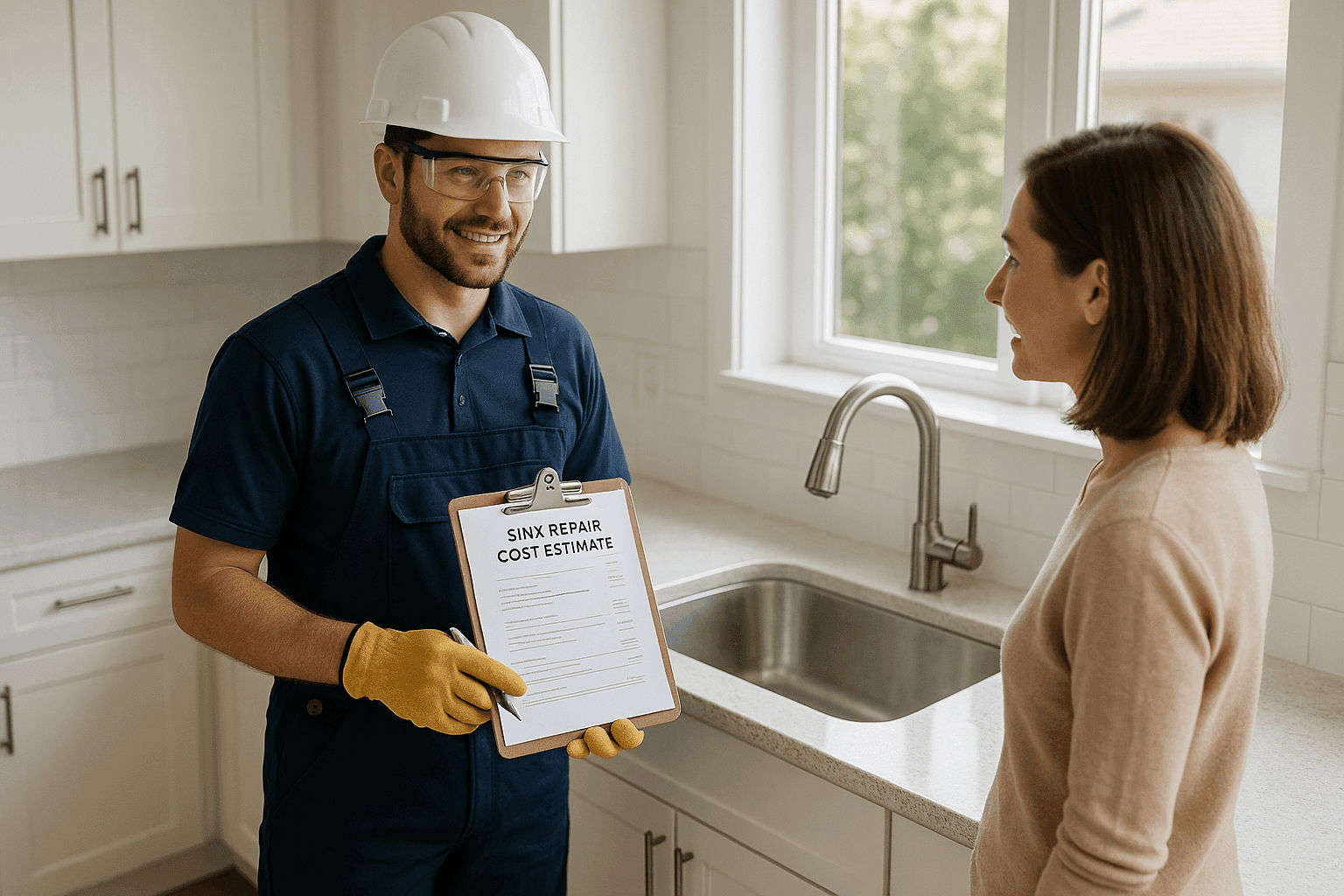 Plumber providing sink repair estimate in kitchen