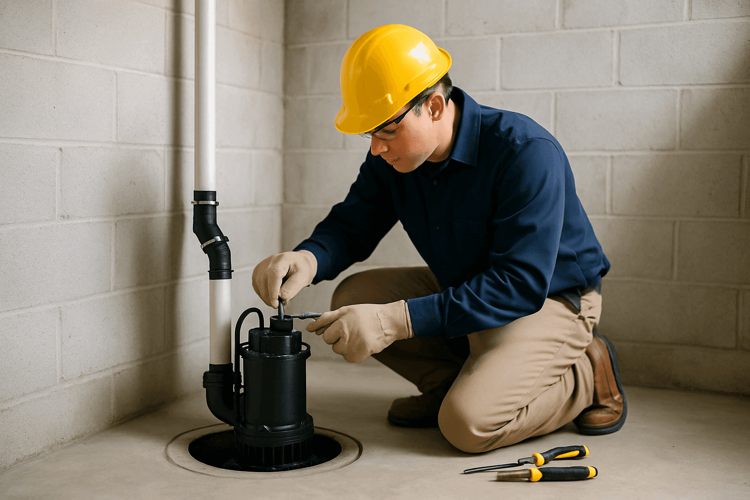 Technician cleaning and testing sump pump in a dry basement