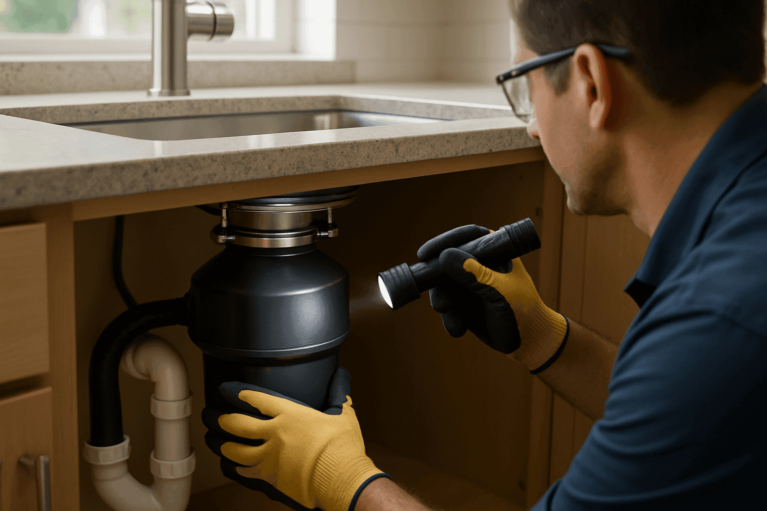 Homeowner safely inspecting garbage disposal under kitchen sink