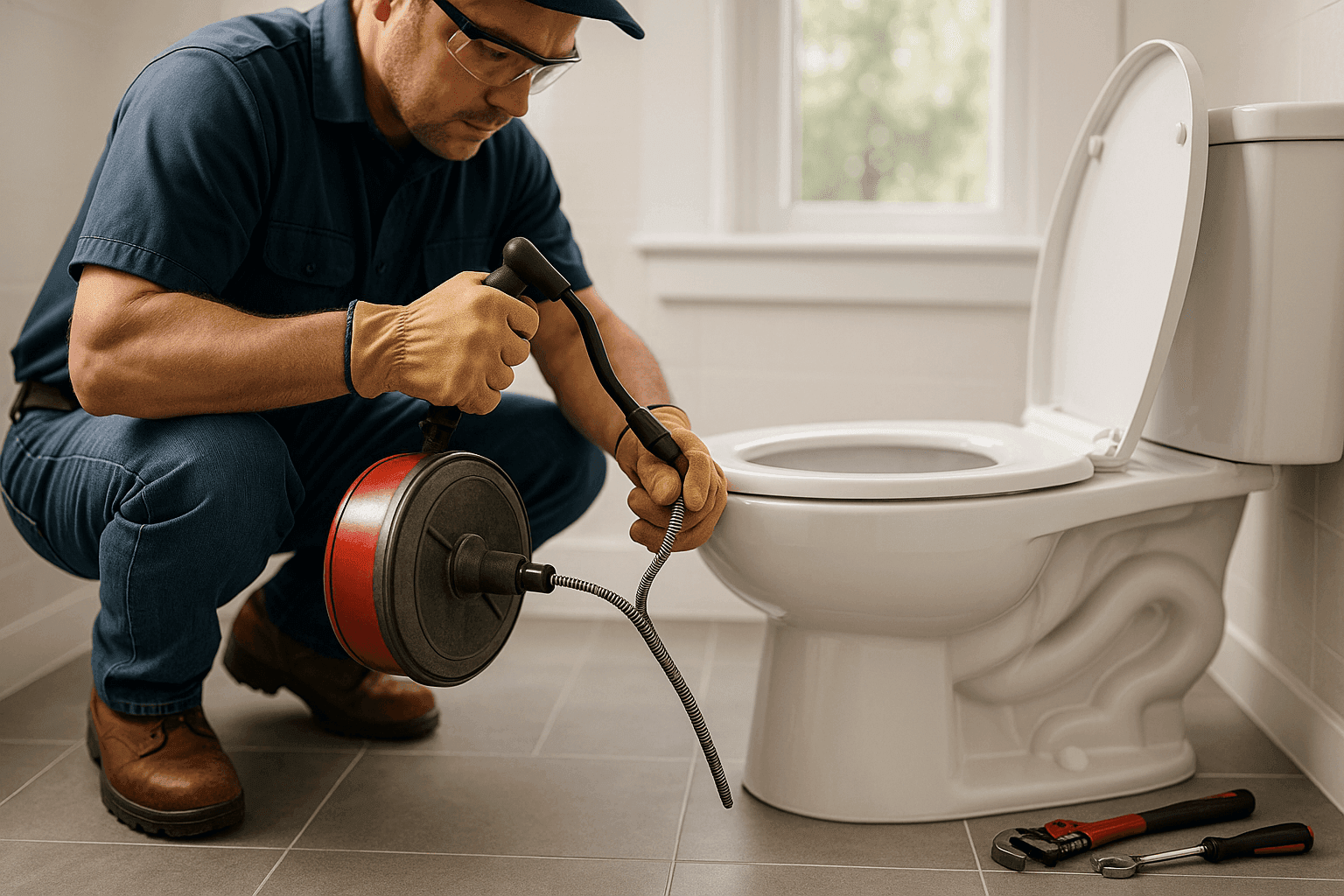 Plumber using professional auger to unclog home toilet