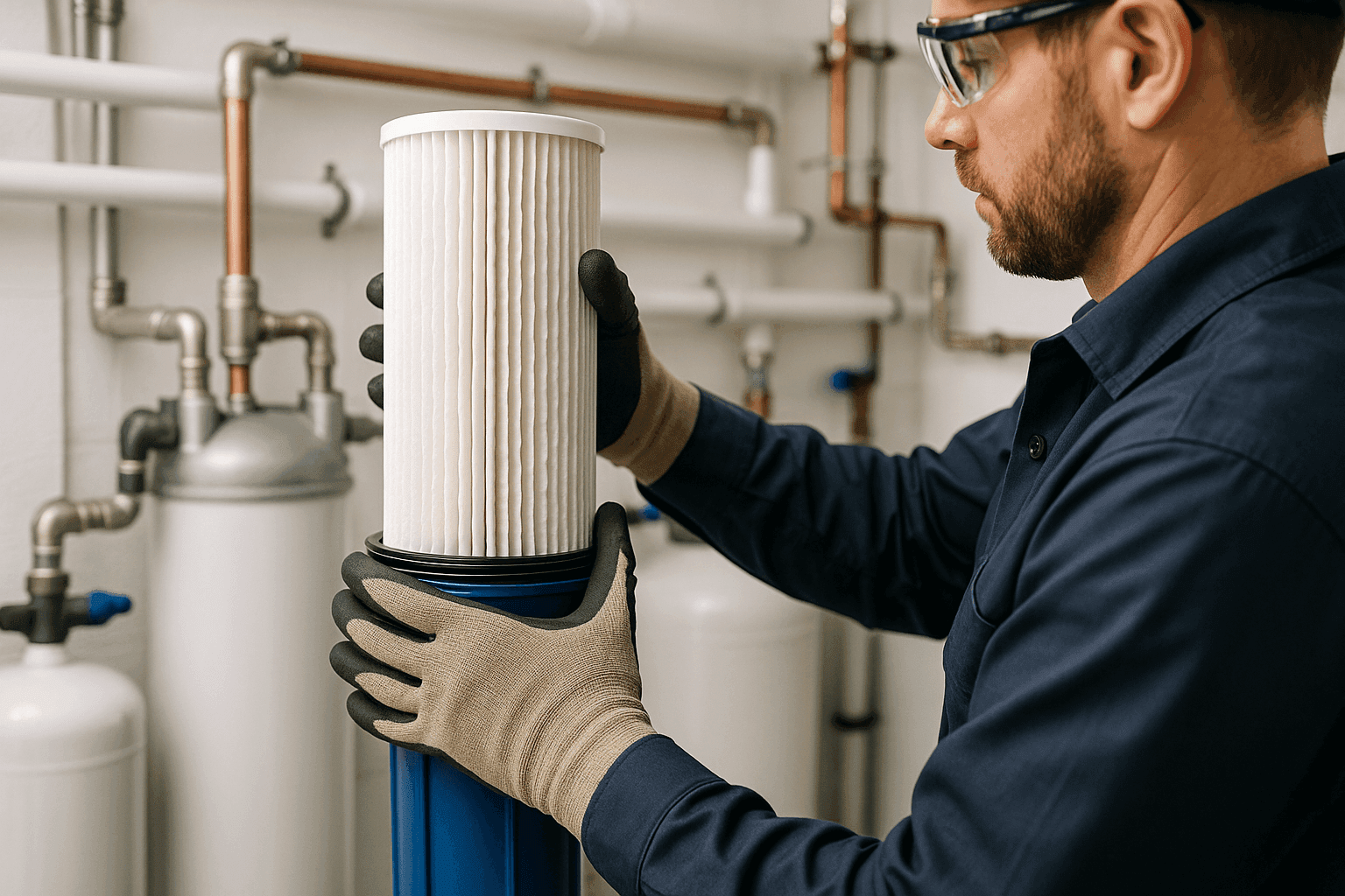 Plumber changing filter cartridge in home water filtration system