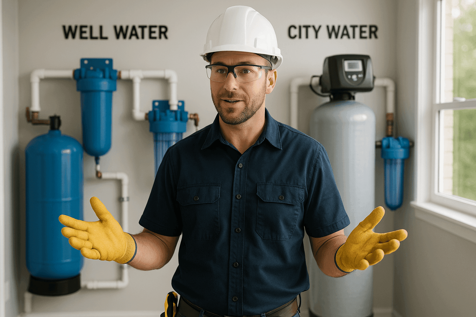 Plumber comparing well water and city water filtration systems in utility room