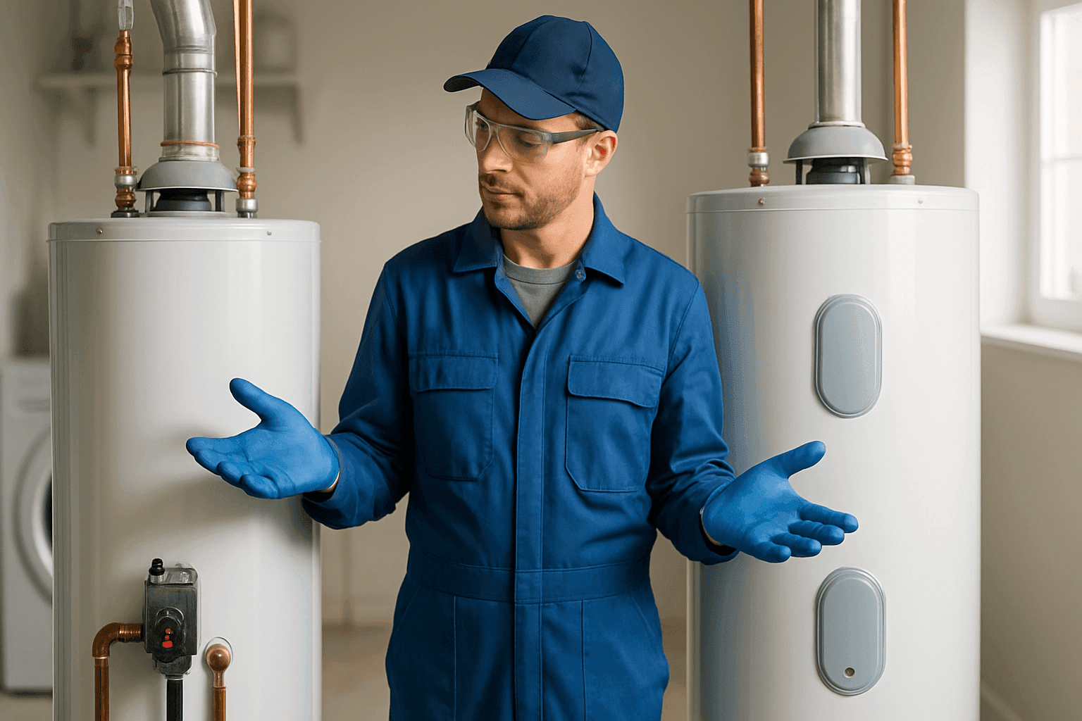 Technician comparing gas and electric water heater units in home
