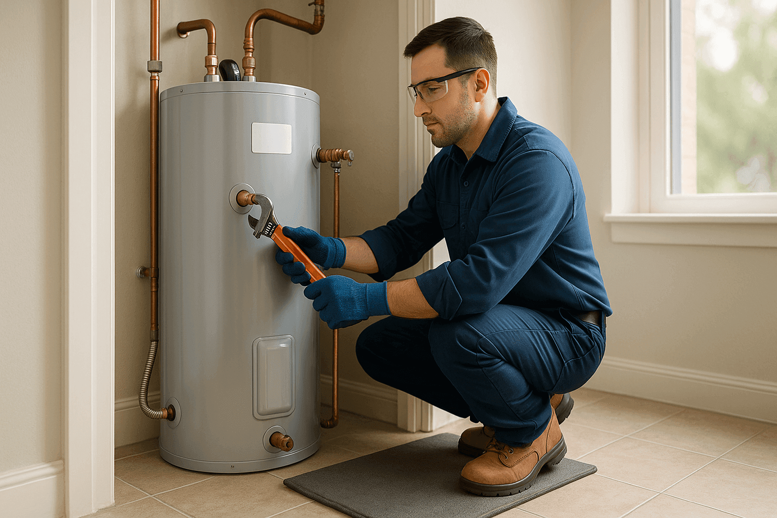 Technician installing new water heater in home utility room