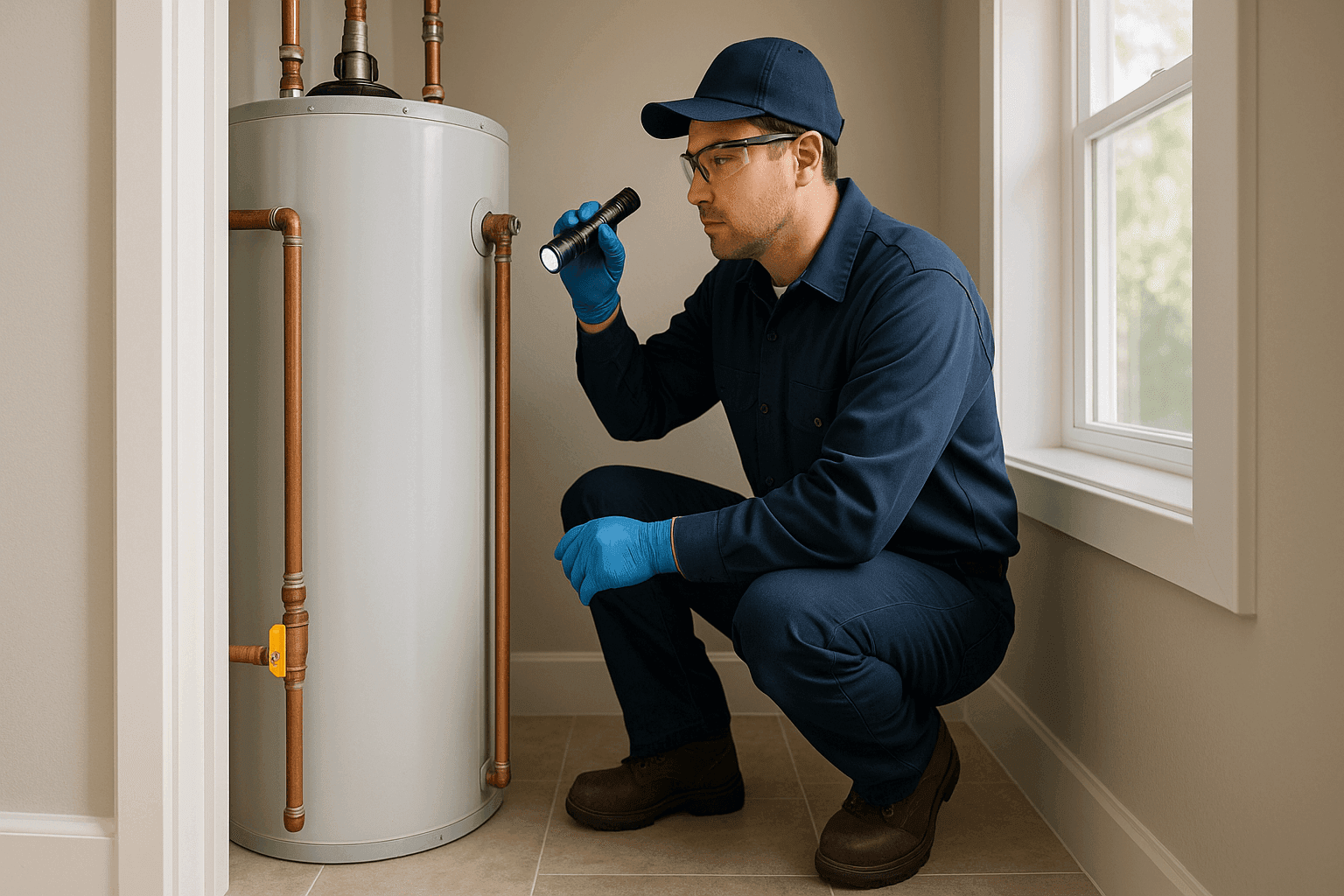 Plumber inspecting residential water heater