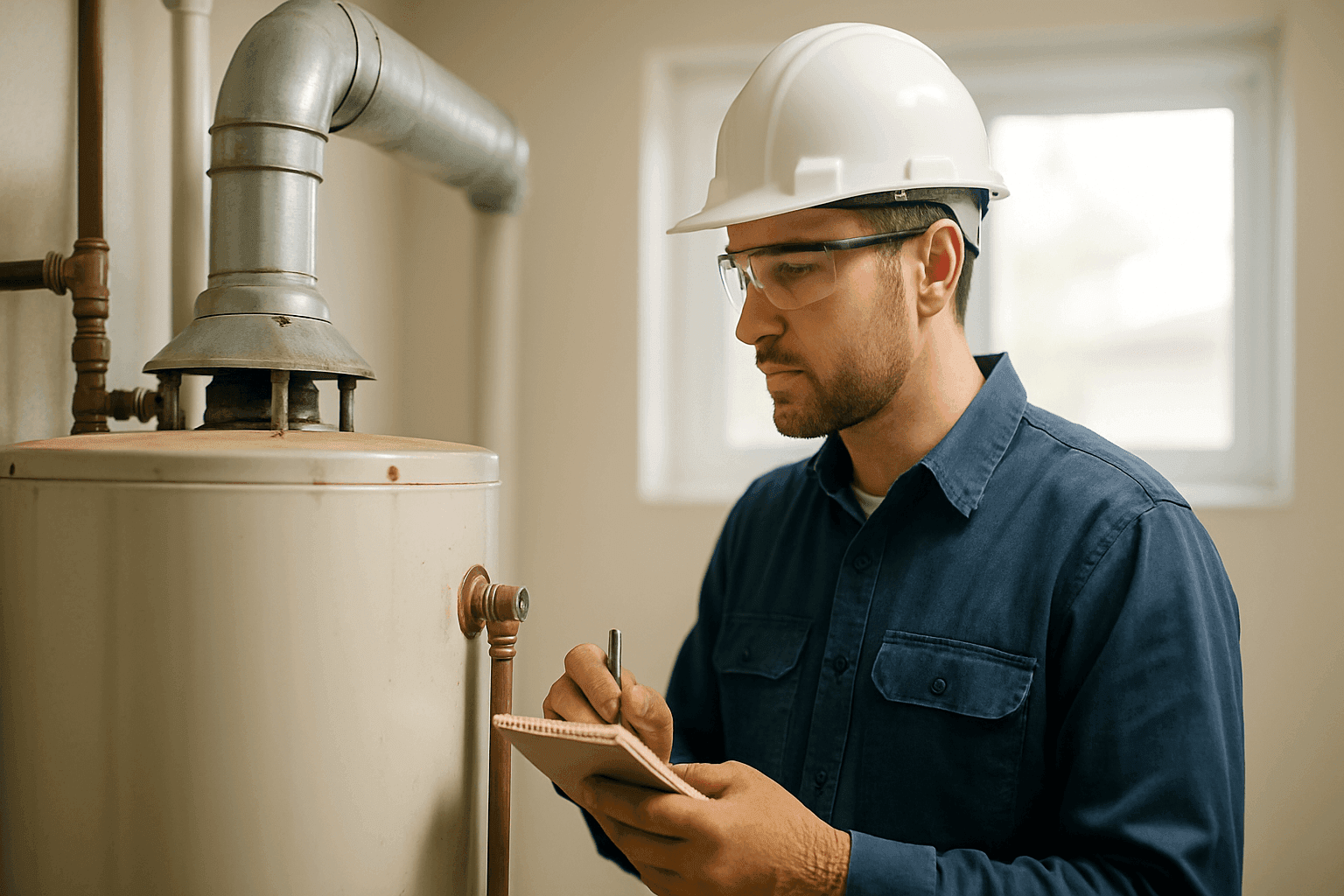 Plumber evaluating old water heater for repair or replacement