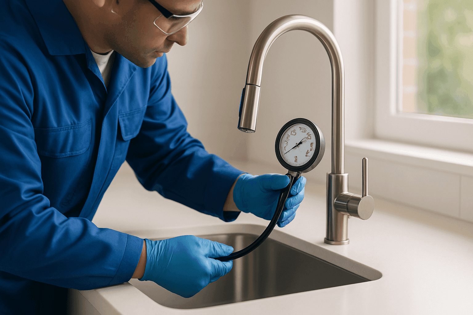 Plumber testing water pressure at a kitchen faucet